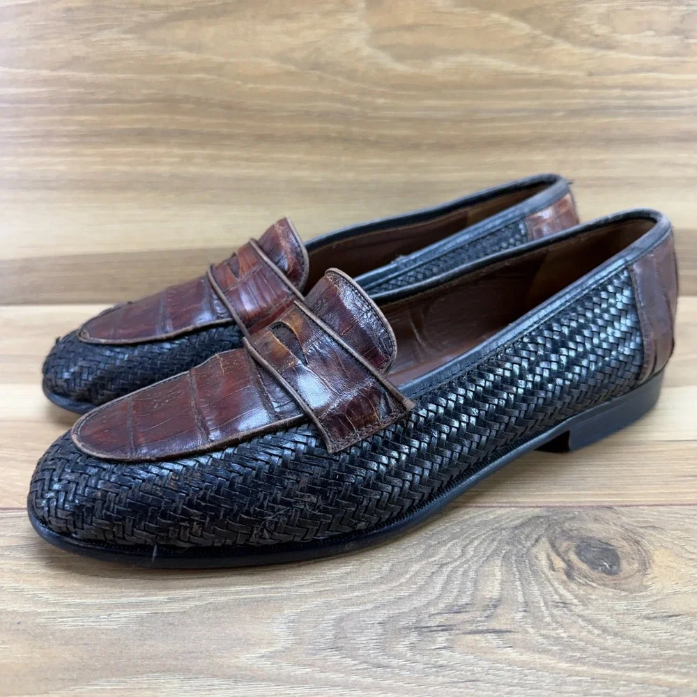 Belvedere Crocodile Woven Penny Loafers Mens 8.5 M Brown Black Slip On Modern